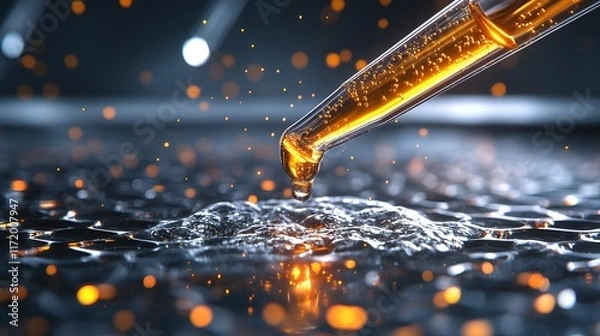Fototapeta Close-Up of a Glass Dropper Releasing Viscous Liquid onto a Reflective Surface with Shimmering Particles in a Dramatic Lighting Environment