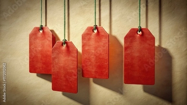 Fototapeta Hanging vintage red sale tags, shadow-draped, against a clean background.  Retro price labels offer discounts.