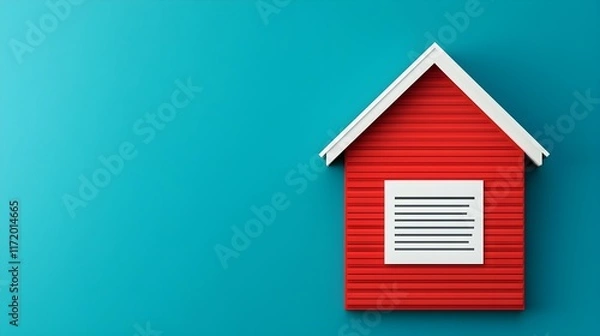 Fototapeta Bright Red House Model with White Shutters Against Teal Background for Home and Architecture Concepts