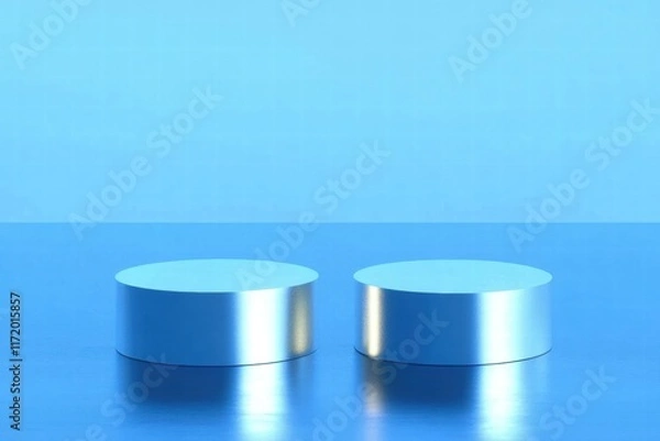 Fototapeta Two metallic cylinders on a reflective surface with a blue background.