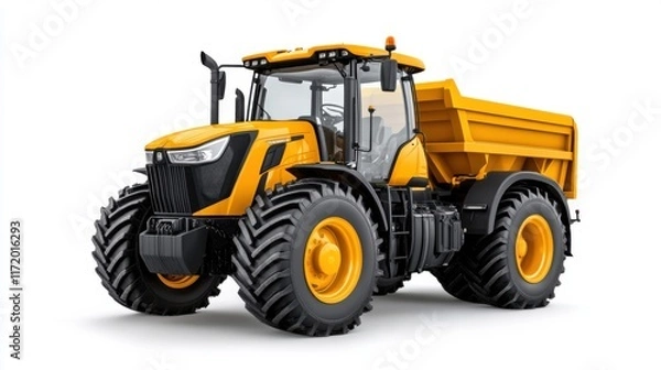 Obraz Powerful yellow tractor with dump bed for agricultural and construction purposes on a white background