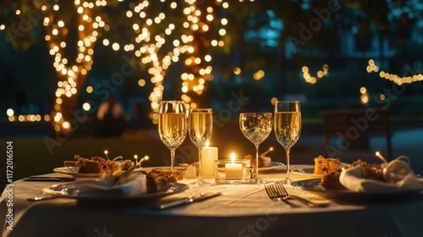 Fototapeta A glowing candlelit dinner setup for two under twinkling fairy lights