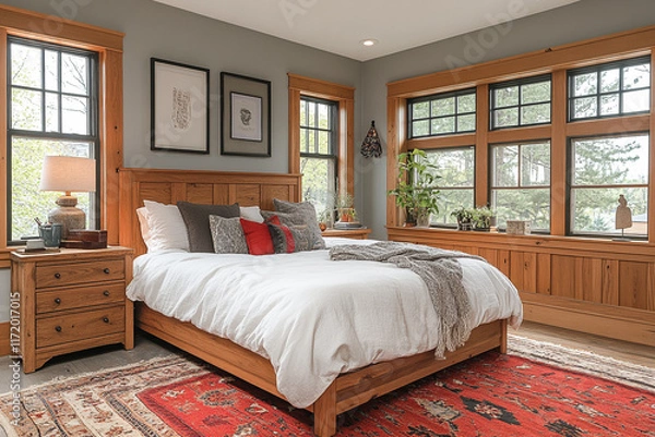 Fototapeta Rustic Bedroom with Wooden Bed and Large Windows