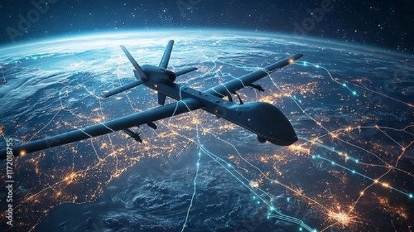 Obraz Advanced Drone Over Planet with Data Connections