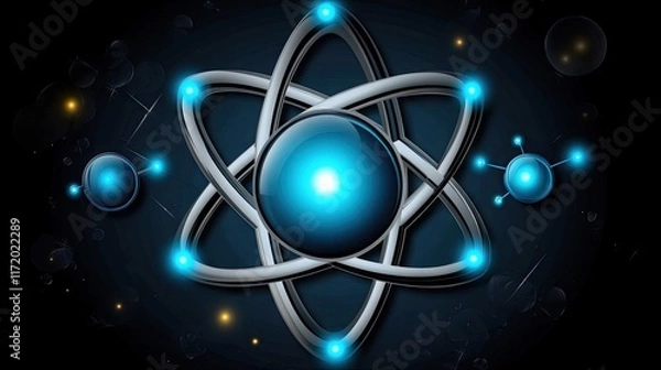 Fototapeta A stylized atomic structure with glowing elements representing science and technology.