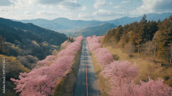 Fototapeta 桜咲く春、ワインディングロード、ドライブウェイ。美しい日本の四季を感じる写真。