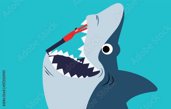 Fototapeta Businessmen caught in a crisis or risk, survival issues, businessmen struggling to resist sharks closing their mouths