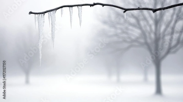 Fototapeta Icicles dangle delicately from a barren branch, while a tranquil blanket of snow covers the ground, creating a peaceful winter atmosphere in a foggy landscape