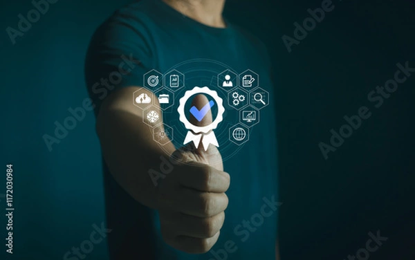 Fototapeta Quality control concept, Service best certification industrial. Service system business certificate standard iso digital technology. Quality guarantee process and satisfaction with the customer.