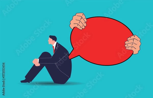 Fototapeta Big hands take speech bubbles and stab them inside the grieving businessman's body, gossip, rumors or fake news, hate speech, verbal bullying or name-calling