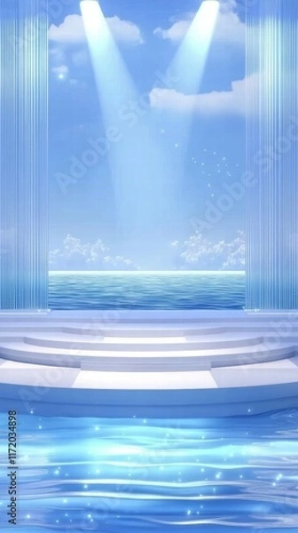 Fototapeta A serene stage by the ocean, illuminated by soft beams of light, creating a tranquil atmosphere.