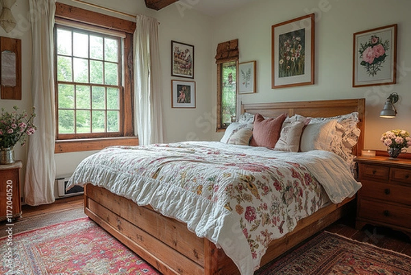 Fototapeta Rustic Farmhouse Bedroom With Floral Bedding And Artwork