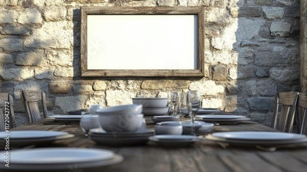 Fototapeta Rustic Wooden Frame Above Table Setting Stone Wall