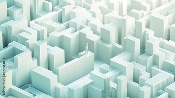 Fototapeta A minimalist cityscape with a lone figure standing amidst abstract structures.