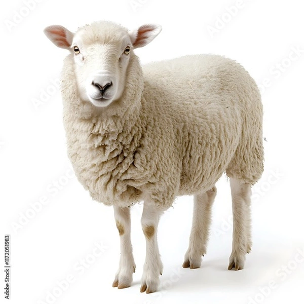 Obraz Fluffy sheep, farm animal, white background, agriculture. (1)