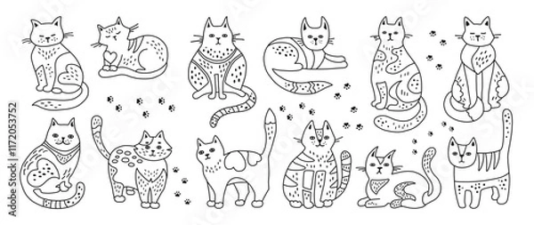 Fototapeta Cats hand drawn doodle childish set. Cute kitten with outline ornament. Pet with pattern, linear funny animal design for kids. Cats in different poses. Mammal drawing character vector illustration
