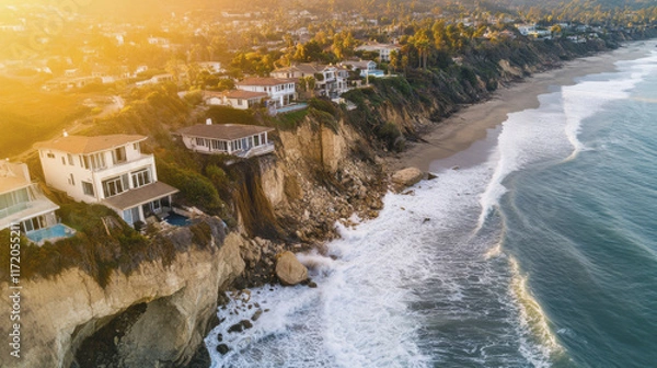 Fototapeta Aerial view of homes on cliff overlooking ocean, showcasing stunning coastal scenery and impact of erosion. sunset casts warm glow over landscape