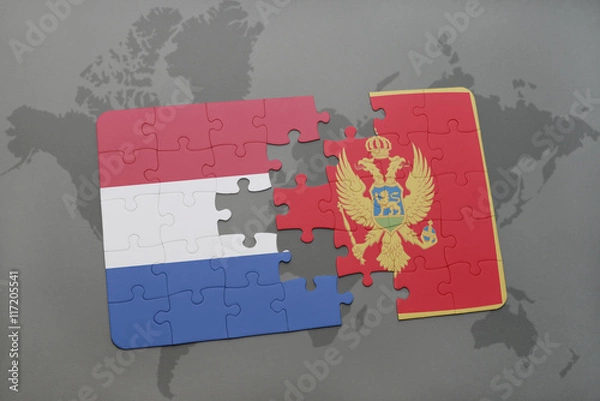 Fototapeta puzzle with the national flag of netherlands and montenegro on a world map background.