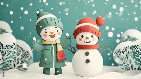 Obraz Children playing in the snow building a cheerful snowman surrounded by a wintry landscape, snowy trees, style of storybook illustration