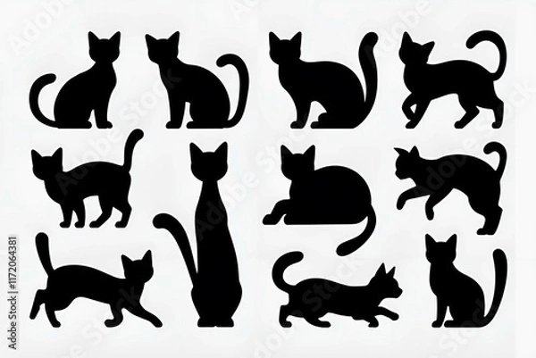 Fototapeta black cat silhouette pattern featuring playful and elegant feline poses on a white background simple design