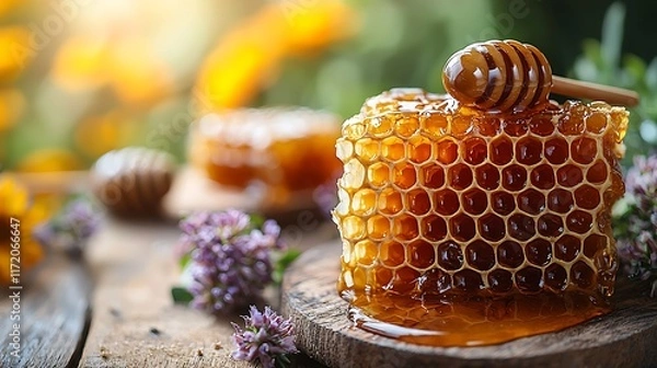 Fototapeta Honeycomb with honey dripping on wooden board, surrounded by flowers.