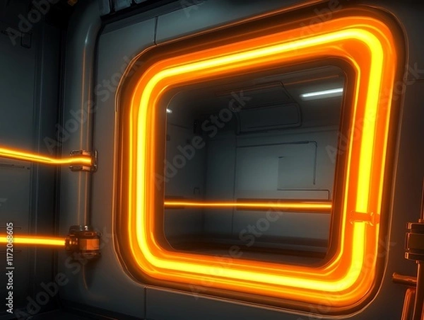 Fototapeta Futuristic Spaceship Corridor Glowing Orange Neon Lights