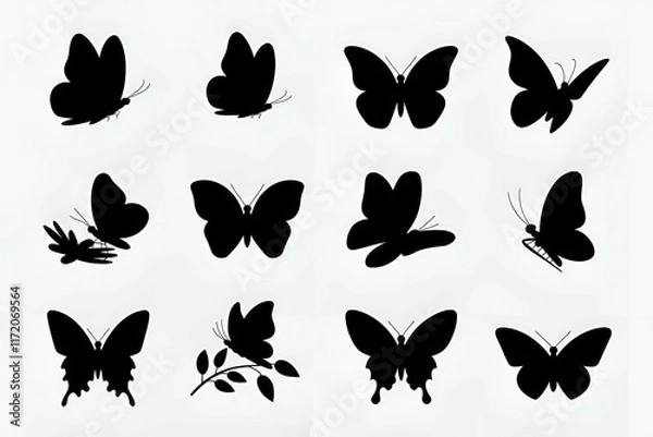 Fototapeta butterfly silhouettes in black with various wing shapes on a white background