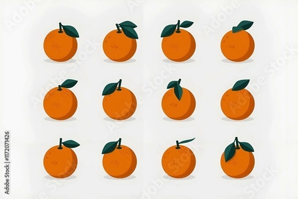 Fototapeta repetitive pattern of fresh oranges with green leaves, symbolizing health, freshness, and simplicity, ideal for food-themed designs, decorative patterns, and artistic fruit illustrations.