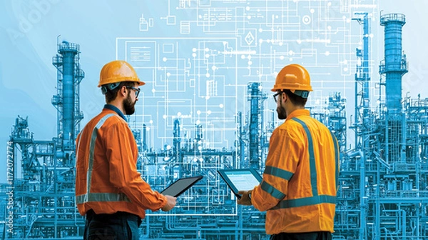 Fototapeta Two engineers reviewing digital refinery schematics.