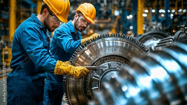 Fototapeta Two male engineers in a factory work on a large metal gear.