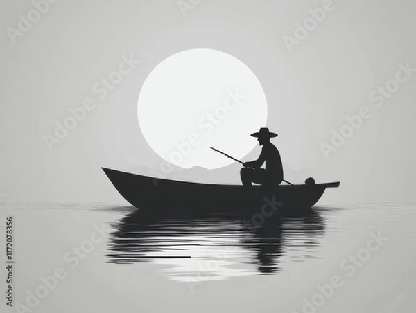 Fototapeta minimalist design featuring fisherman in small boat, silhouetted against large sun. calm water reflects serene scene, evoking sense of tranquility and solitude