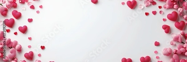 Fototapeta A myriad of pink hearts are delicately scattered across a clean white surface, creating a charming and romantic atmosphere perfect for Valentine's Day.
