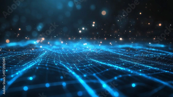 Fototapeta Abstract digital surface with sparkling particles and a technological blue grid background