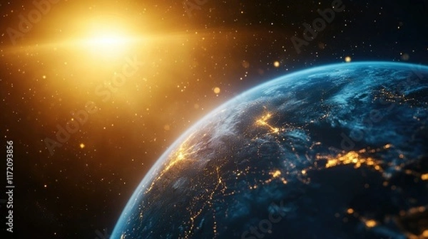 Fototapeta Close-up of Earth with magnetic field lines illustrated in blue, deflecting yellow solar flare particles in space