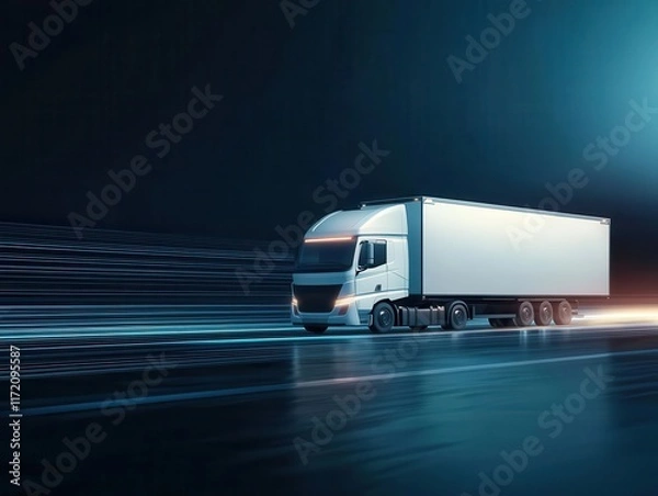 Fototapeta A modern truck traveling at high speed, showcasing the power of logistics and efficient transportation in a dynamic environment. Cargo management logistics tracking automation concept.