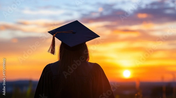 Fototapeta graduate in cap and gown stands against vibrant sunset, symbolizing achievement and new beginnings. warm colors evoke sense of hope and future possibilities
