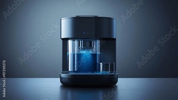 Obraz Modern black coffee maker brewing blue liquid.
