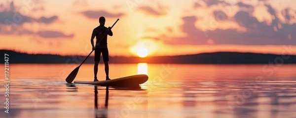 Fototapeta Paddleboarding  sunset Silhouette of a paddleboarder against a vibrant sunset over calm waters.
