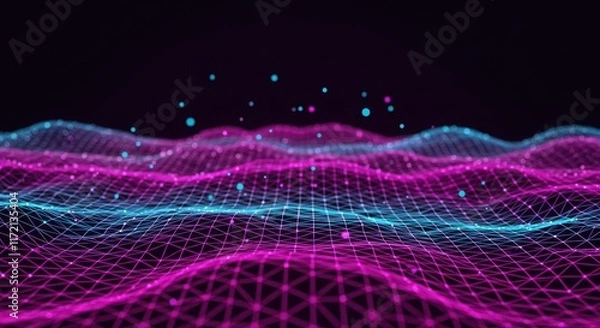 Fototapeta Abstract digital landscape, wireframe mesh waves, vibrant neon pink and cyan, geometric