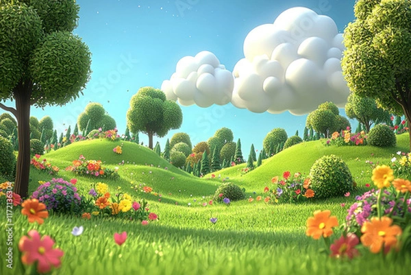 Obraz Cartoon hills with colorful wildflowers, trees, fluffy clouds, and distant forest, ideal background
