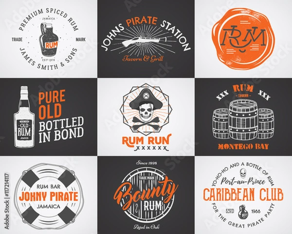 Fototapeta Set of vintage handcrafted pirates emblems, labels, logos. Isolated on a scratched paper background. Sketching filled style. Pirate symbols - old rum bottles, barrels, skull, pistol. Vector