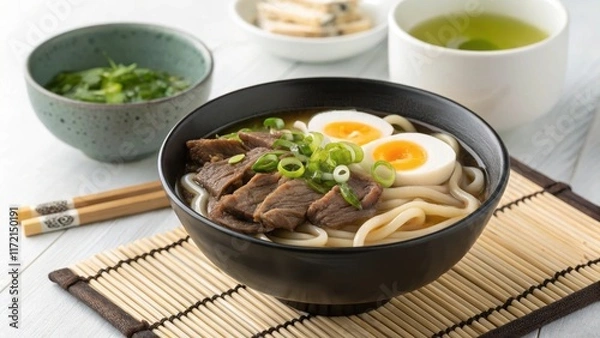 Fototapeta Minimalist Japanese Gyu Niku Udon Soup with Egg and Green Onions