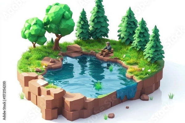 Fototapeta A serene, stylized landscape featuring a pond, trees, and a person fishing.