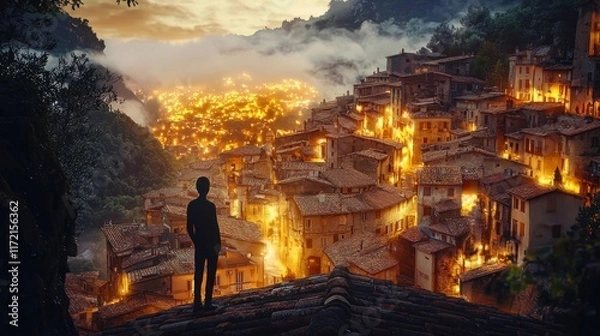 Fototapeta A silhouette overlooks a glowing village nestled in mountains.