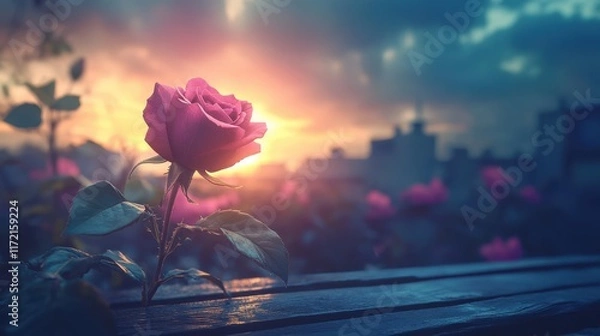 Fototapeta A single red rose rests gracefully on a rustic wooden bench, symbolizing love and romance, perfect for Valentine's Day celebrations.