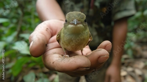 Fototapeta Close-Up of a Bird in Hand Surrounded by Nature