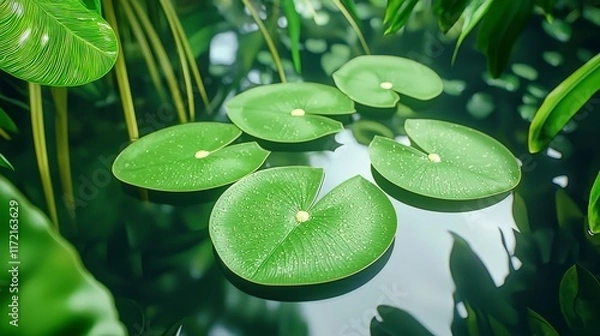 Fototapeta Tranquil Water Lily Pads Floating on Calm Water Surrounded by Lush Green Foliage in Natural Oasis Scene