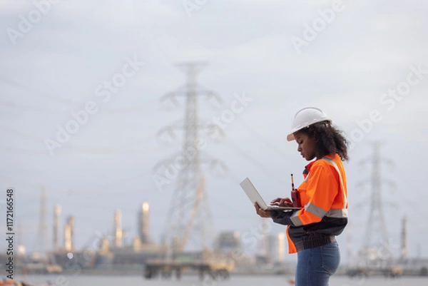 Obraz A female engineer wearing a white safety helmet and orange reflective jacket stands outdoors holding a clipboard, observing and analyzing a power plant facility with electrical towers in the backgroun