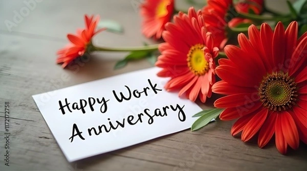 Fototapeta Happy Work Anniversary Greeting Card with Vibrant Red Gerbera Daisies on Rustic Wooden Table