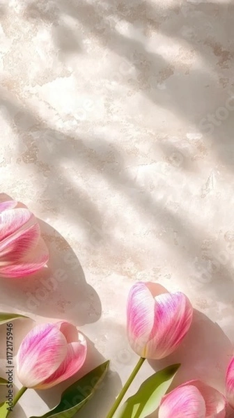 Obraz Delicate pink tulips rest elegantly on a pristine white surface, casting a soft shadow that enhances their romantic charm, perfect for Valentine's Day.